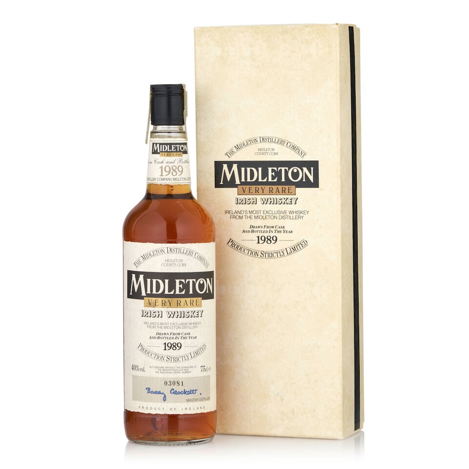 Midleton Very Rare, 1989 (1 bottle, 750ml): Midleton Very Rare, 1989 (1 bottle, 750ml) Region: Ireland Packaging: original carton Alcohol content: 40% Notes: official bottling, bottle no. 03081 Footnotes: Starting in 1984, the Midleton Very Rar