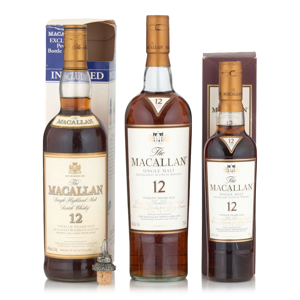 The Macallan 12 Years Old (2 bottles, 750ml) The Macallan 12 Years Old (1 bottle, 375ml): The Macallan 12 Years Old (2 bottles, 750ml) Region: Speyside Label: one lightly stained Packaging: one with original carton and includes 'Curiously Small Stills' pewter stopper Alcohol content: 43% N