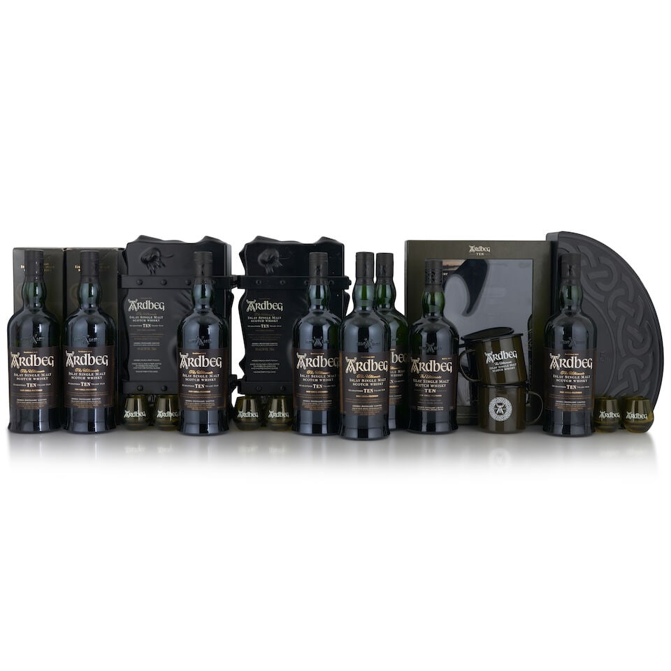 Ardbeg 10 Years Old (8 bottles 750ml): Ardbeg 10 Years Old (8 bottles 750ml) Region: Islay Packaging: two with original cartons, 4 with original cases; 3 include two 'shortie glasses, one includes two mugs Alcohol content: 46% Notes: offic