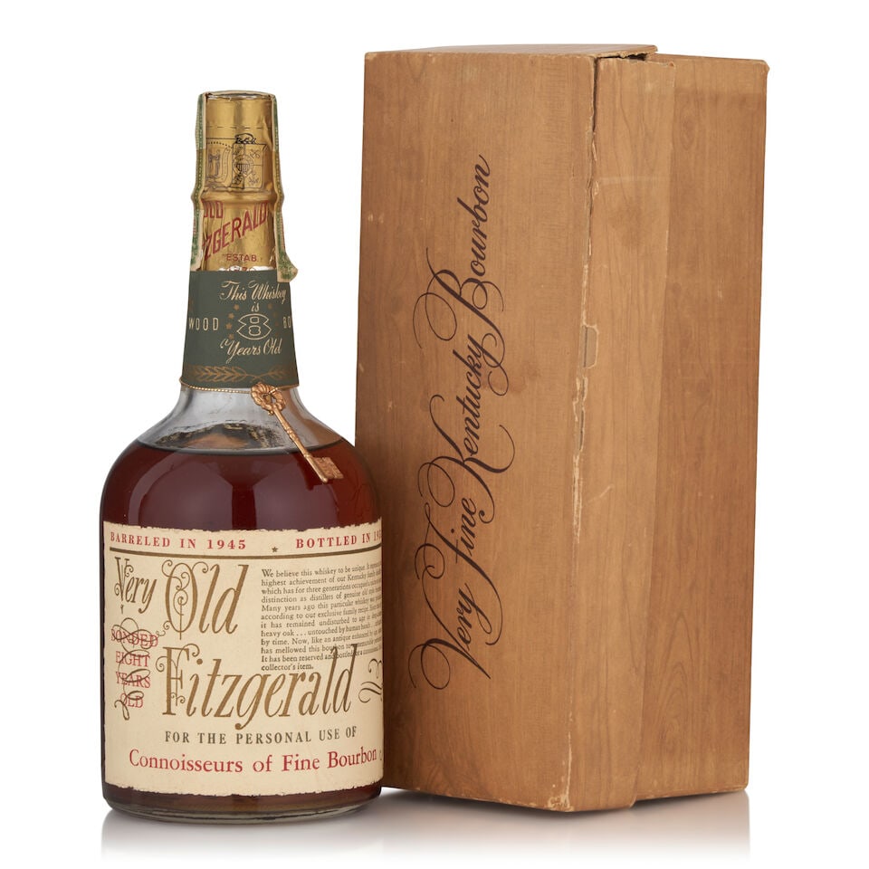 Very Old Fitzgerald 8 Years Old, 1945 (1 bottle, 4/5qt): Very Old Fitzgerald 8 Years Old, 1945 (1 bottle, 4/5qt) Region: Kentucky Packaging: original carton Alcohol content: 50% Notes: official bottling, distilled 1945, bottled 1953 Footnotes: United States