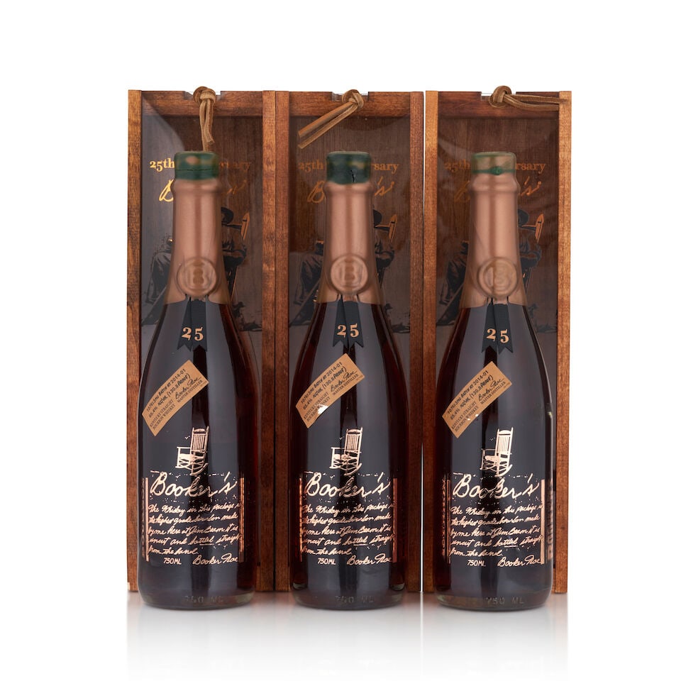 Booker's 25th Anniversary 10 Years Old (3 bottles, 750ml): Booker's 25th Anniversary 10 Years Old (3 bottles, 750ml) Region: Kentucky Label: one with light losses Packaging: original wooden cases Alcohol content: 65.4% Notes: official bottling, batch no