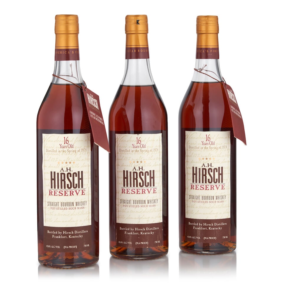 A.H. Hirsch Gold Foil 16 Years Old (3 bottles, 750ml): A.H. Hirsch Gold Foil 16 Years Old (3 bottles, 750ml) Region: Kentucky Label: one nicked Alcohol content: 45.8% Notes: official bottling, distilled 1974 Footnotes: United States, Bourbon The story of