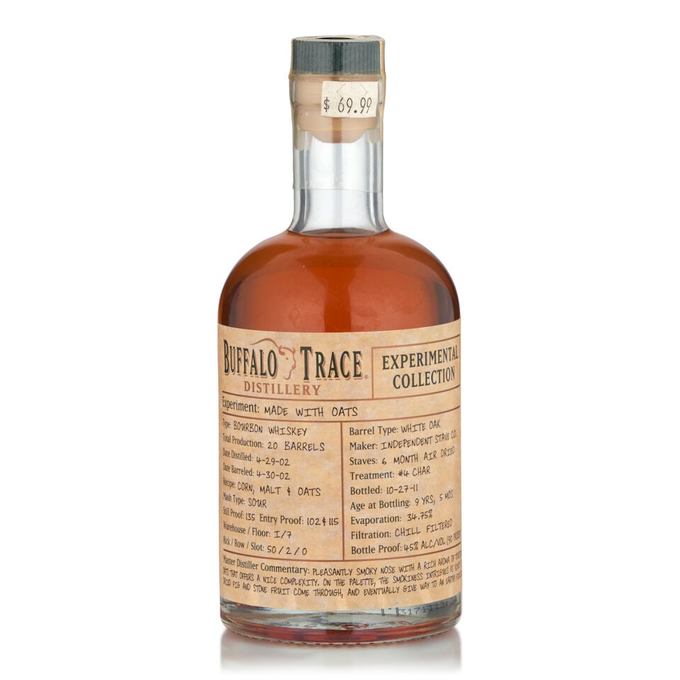 Buffalo Trace Experimental Collection Made With Oats (1 bottle, 375ml): Buffalo Trace Experimental Collection Made With Oats (1 bottle, 375ml) Region: Kentucky Alcohol content: 45% Notes: official bottling, distilled 04/29/2002, barreled 04/30/2002, Warehouse/Floor I/7, R