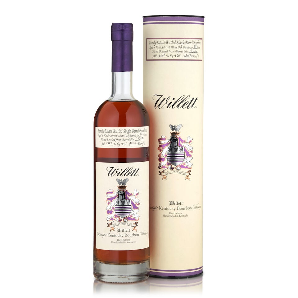 Willett Bourbon 14 Years Old (1 bottle, 750ml): Willett Bourbon 14 Years Old (1 bottle, 750ml) Region: Kentucky Packaging: original tube Alcohol content: 60.2% Notes: official bottling, barrel 2366, 106/143 Footnotes: United States, Bourbon Lot to