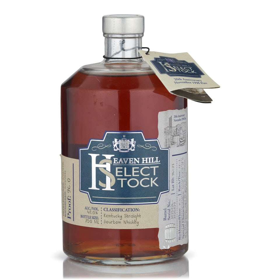 Heaven Hill Select Stock November 1996 Fire 20th Anniversary, 1996 (1 bottle, 750ml): Heaven Hill Select Stock November 1996 Fire 20th Anniversary, 1996 (1 bottle, 750ml) Region: Kentucky Alcohol content: 48% Notes: official bottling, barrel serial number 3825826-3825829, Lot I.D. 96C2