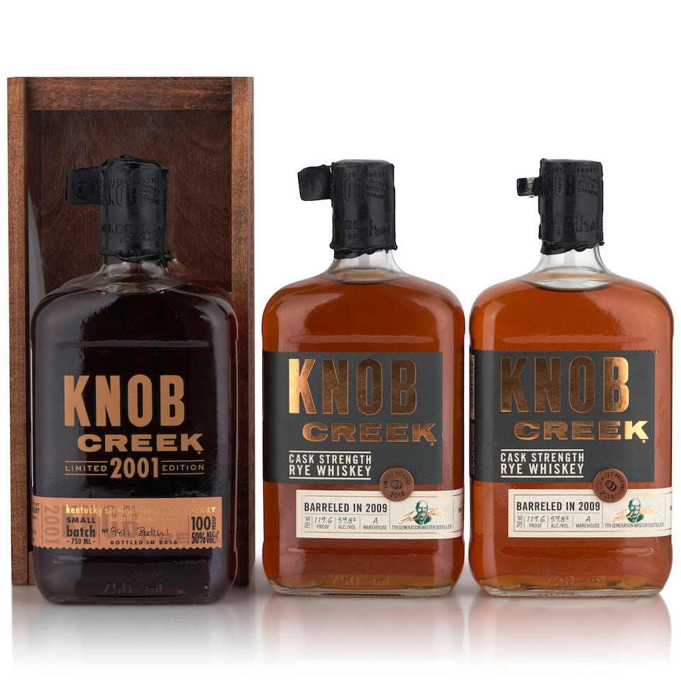 Knob Creek Limited 2001 Edition (1 bottle, 750ml) Knob Creek Rye, 2018 (2 bottles, 750ml): Knob Creek Limited 2001 Edition (1 bottle, 750ml) Region: Kentucky Packaging: original wooden case Alcohol content: 50% Notes: official bottling, distilled 2001, bottled 2016, batch no. 1, bottle no.