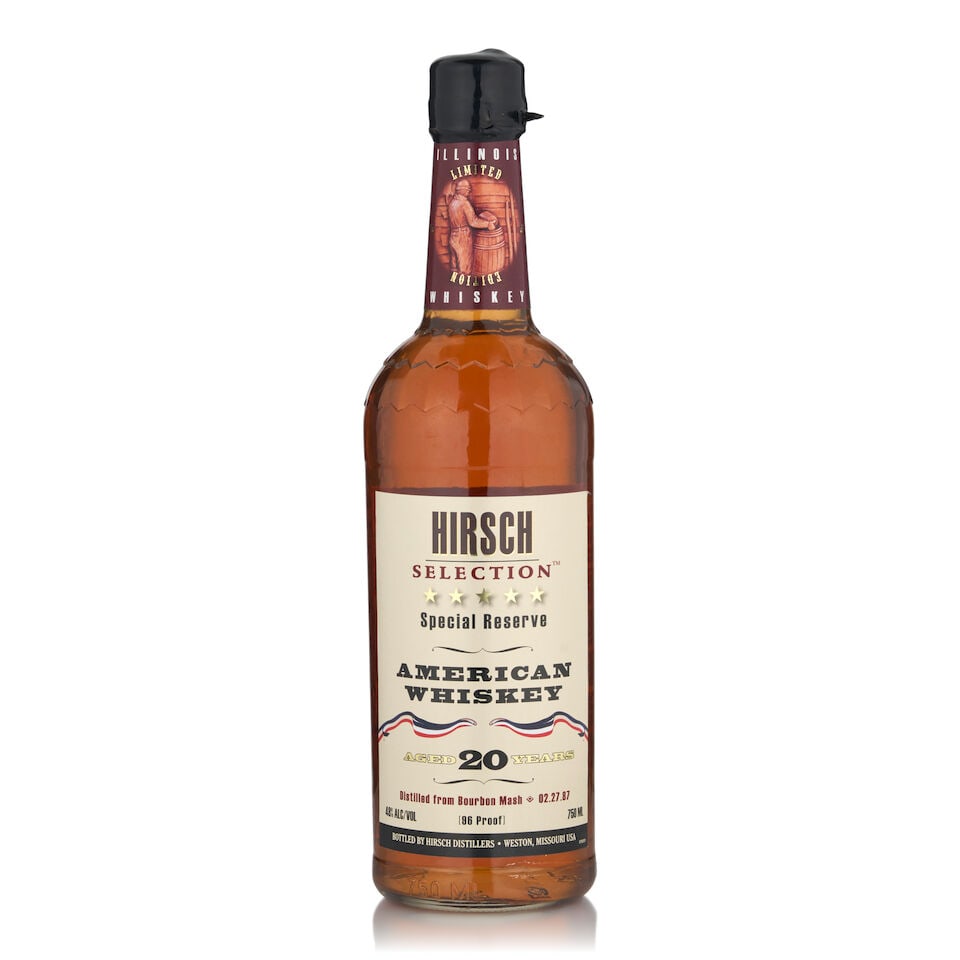 Hirsch Selection Special Reserve 20 Years Old (1 bottle, 750ml): Hirsch Selection Special Reserve 20 Years Old (1 bottle, 750ml) Region: Kentucky Alcohol content: 48% Notes: official bottling, distilled 02/27/1987 Footnotes: United States, Bourbon Lot to be sold wi