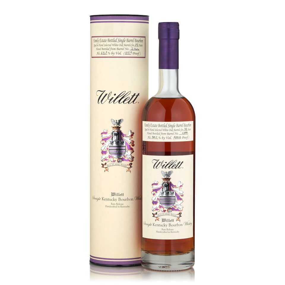 Willett Bourbon 14 Years Old (1 bottle, 750ml): Willett Bourbon 14 Years Old (1 bottle, 750ml) Region: Kentucky Packaging: original tube Alcohol content: 60.2% Notes: official bottling, barrel 2366, 74/143 Footnotes: United States, Bourbon Lot to