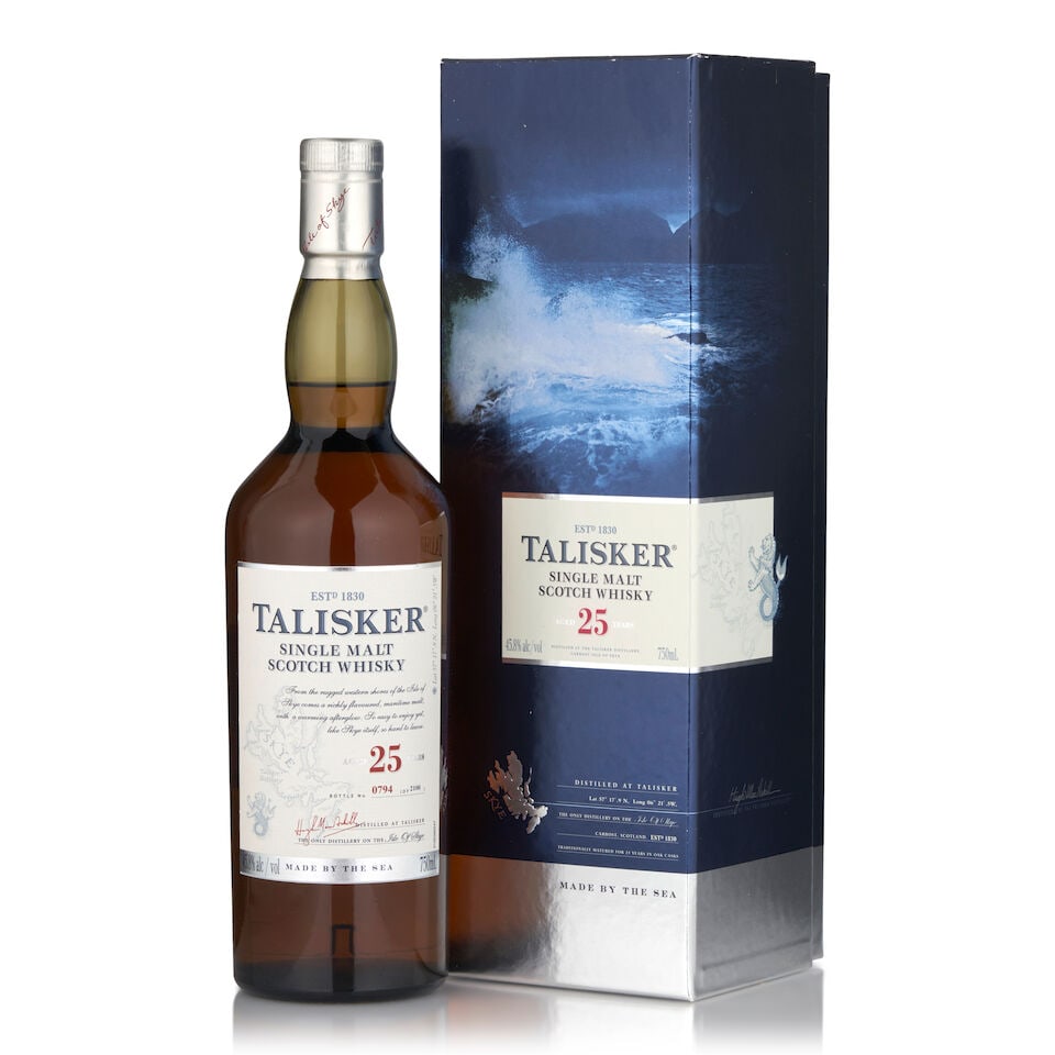Talisker 25 Years Old (1 bottle, 750ml): Talisker 25 Years Old (1 bottle, 750ml) Region: Skye Packaging: original case Alcohol content: 45.8% Notes: official bottling, bottle no. 794 of 2100 Footnotes: Single Malt This lot is subject to the