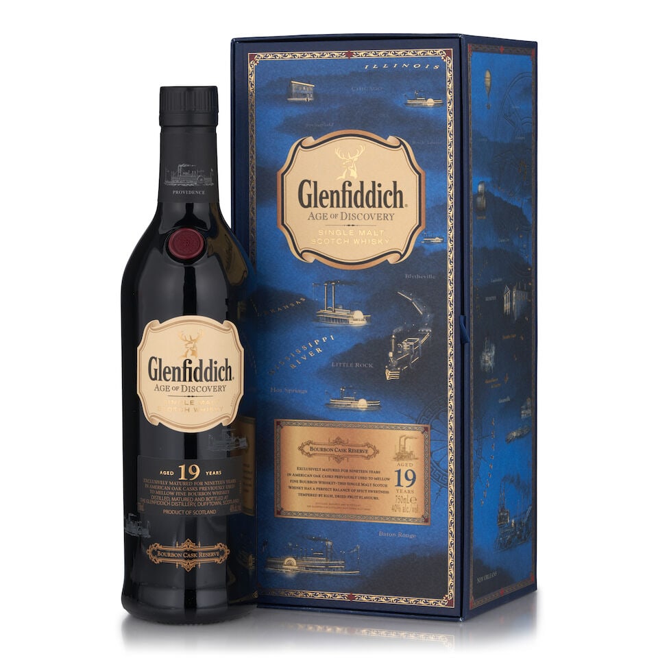Glenfiddich 19 Years Old Age of Discovery Bourbon Cask Reserve (1 bottle, 750ml): Glenfiddich 19 Years Old Age of Discovery Bourbon Cask Reserve (1 bottle, 750ml) Region: Dufftown Packaging: original carton Alcohol content: 40% Notes: official bottling Footnotes: Single Malt This