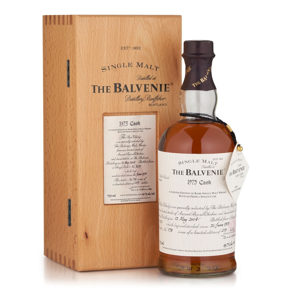 The Balvenie Single Cask, 1973 (1 bottle, 750ml): The Balvenie Single Cask, 1973 (1 bottle, 750ml) Region: Dufftown Packaging: original wooden case Alcohol content: 49.7% Notes: official bottling, distilled 06/20/1973, bottled 05/12/2004, cask no. 92