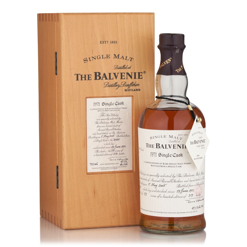 The Balvenie Single Cask, 1971 (1 bottle, 750ml): The Balvenie Single Cask, 1971 (1 bottle, 750ml) Region: Dufftown Packaging: original wooden case Alcohol content: 47.1% Notes: official bottling, distilled 06/29/1971, bottled 05/05/2005, cask no. 89