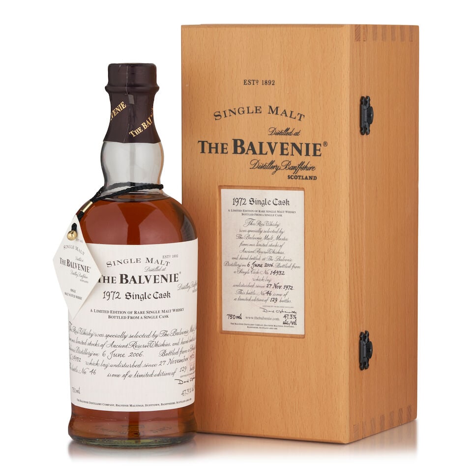 The Balvenie Single Cask, 1972 (1 bottle, 750ml): The Balvenie Single Cask, 1972 (1 bottle, 750ml) Region: Dufftown Packaging: original wooden case Alcohol content: 47.3% Notes: official bottling, distilled 11/27/1972, bottled 06/06/2006, cask no. 14