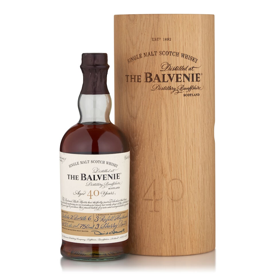 The Balvenie 40 Years Old (1 bottle, 750ml): The Balvenie 40 Years Old (1 bottle, 750ml) Region: Dufftown Packaging: original wooden case Alcohol content: 48.5% Notes: official bottling, batch no. 2, bottle no. 6 Footnotes: Single Malt The Secon