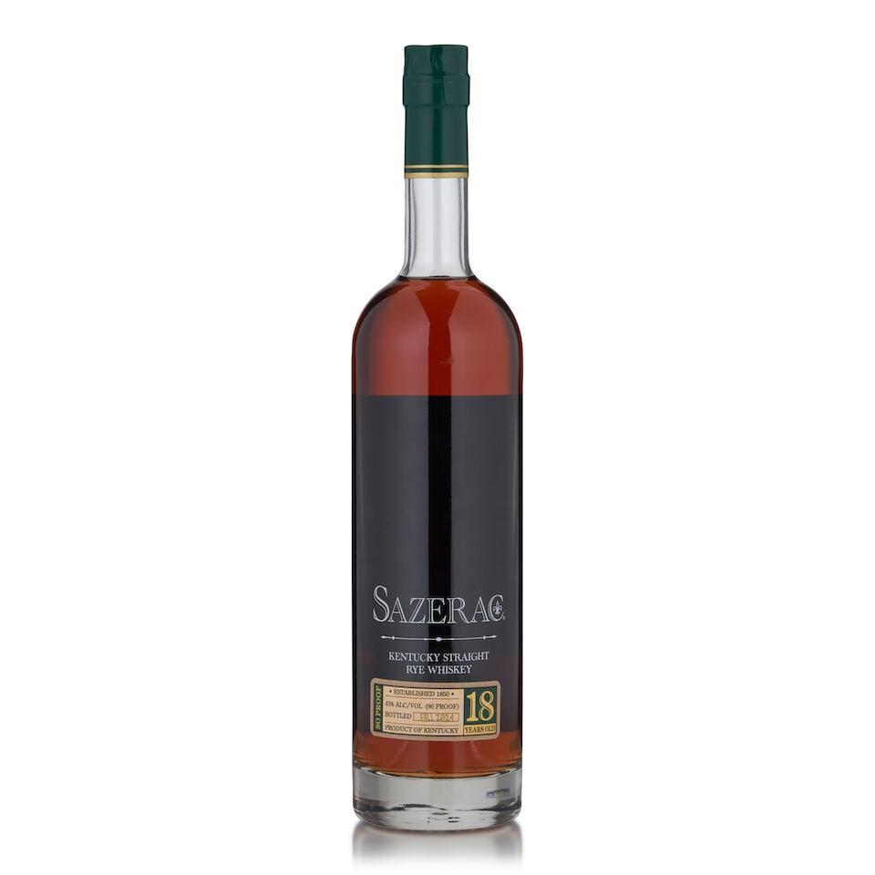 Sazerac Rye 18 Years Old, 2024 (1 bottle, 750ml): Sazerac Rye 18 Years Old, 2024 (1 bottle, 750ml) Region: Kentucky Alcohol content: 45% Notes: official bottling, bottled fall 2024 Footnotes: United States, Rye Lot to be sold without reserve. This lo