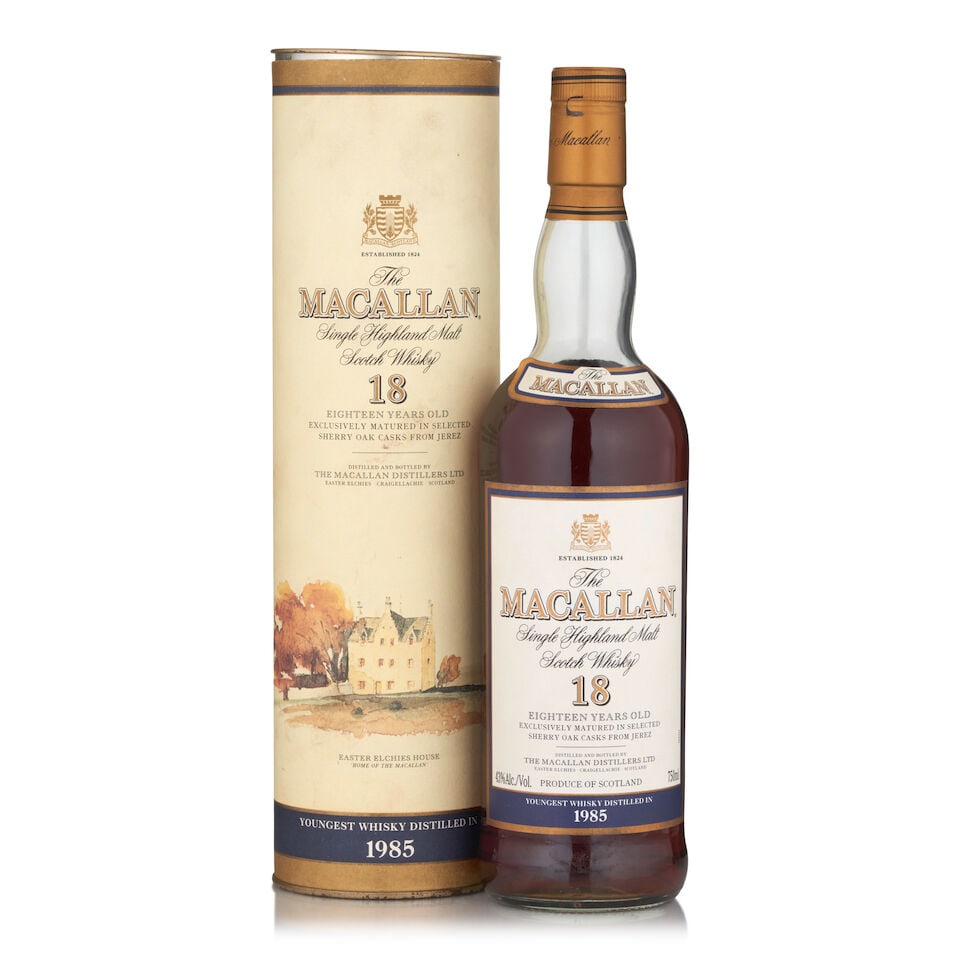 The Macallan 18 Years Old, 1985 (1 bottle, 750ml): The Macallan 18 Years Old, 1985 (1 bottle, 750ml) Region: Speyside Packaging: original tube Alcohol content: 43% Notes: official bottling Footnotes: Single Malt Lot to be sold without reserve. This lo
