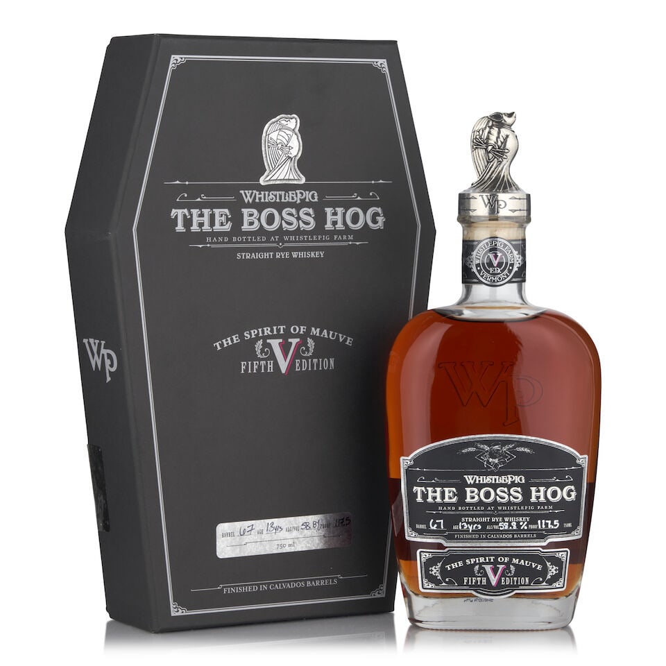 WhistlePig The Boss Hog V 'The Spirit of Mauve' 13 Years Old (1 bottle, 750ml): WhistlePig The Boss Hog V 'The Spirit of Mauve' 13 Years Old (1 bottle, 750ml) Region: Vermont Packaging: original case Alcohol content: 58.8% Notes: official bottling, barrel no. 67 Footnotes: United
