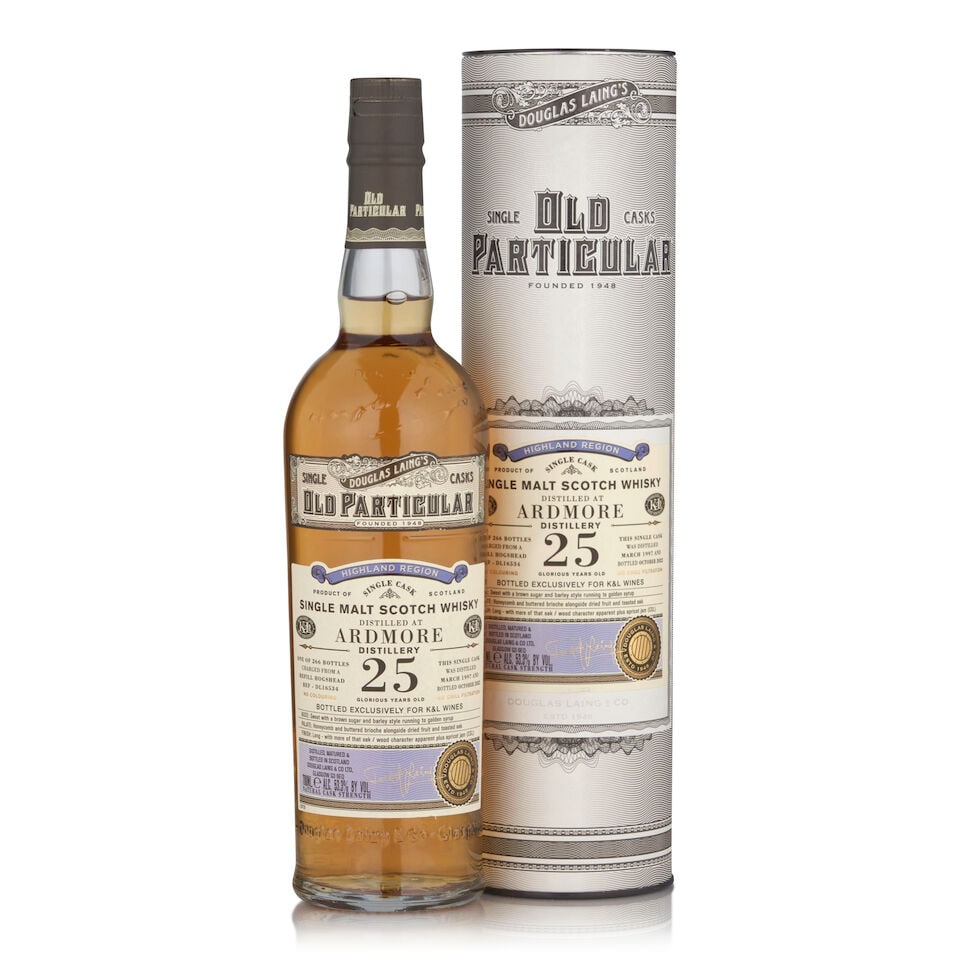 Ardmore Old Particular 25 Years Old, 1997 (1 bottle, 700ml): Ardmore Old Particular 25 Years Old, 1997 (1 bottle, 700ml) Region: Highland Packaging: original tube Alcohol content: 53.3% Notes: Douglas Laing, distilled 03/1997, bottled 10/2022, cask reference DL