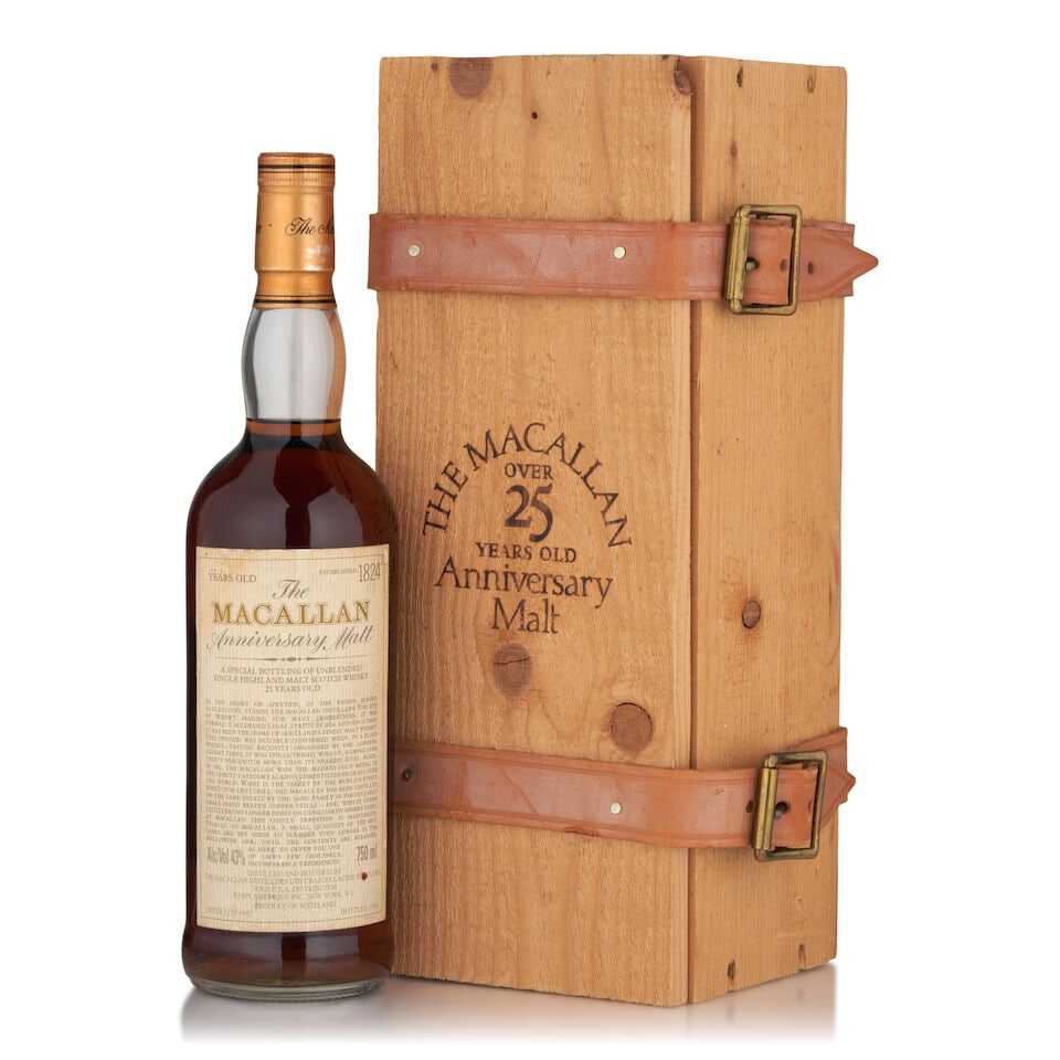The Macallan Anniversary Malt 25 Years Old, 1967 (1 bottle, 750ml): The Macallan Anniversary Malt 25 Years Old, 1967 (1 bottle, 750ml) Region: Speyside Label: lightly stained Packaging: original wooden case Alcohol content: 43% Notes: official bottling, distilled 1967
