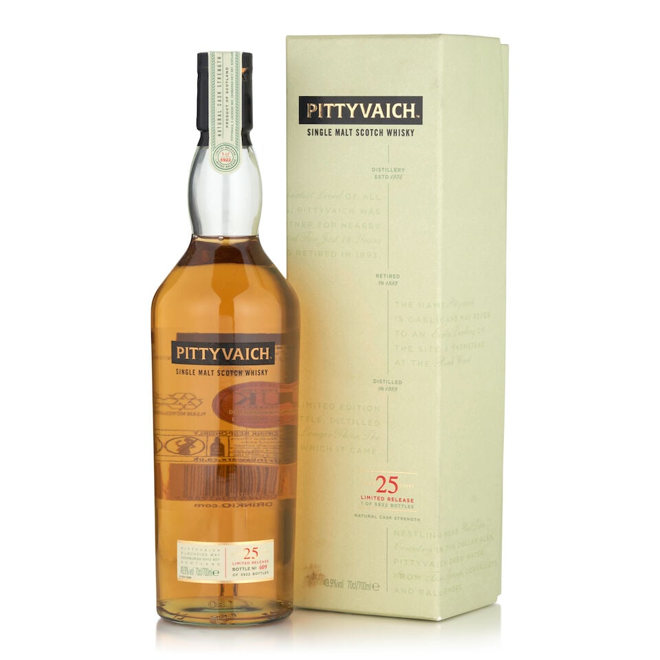 Pittyvaich 25 Years Old, 1989 (1 bottle, 700ml): Pittyvaich 25 Years Old, 1989 (1 bottle, 700ml) Region: Speyside Packaging: original carton Alcohol content: 49.9% Notes: official bottling, distilled 1989, bottle no. 409 of 5922 Footnotes: Single Ma