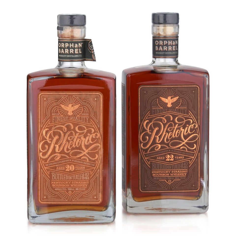 Orphan Barrel Rhetoric 20 Years Old (1 bottle, 750ml) Orphan Barrel Rhetoric 22 Years Old (1 bo...: Orphan Barrel Rhetoric 20 Years Old (1 bottle, 750ml) Region: Kentucky Alcohol content: 45% Notes: official bottling, bottle no. 6058 Orphan Barrel Rhetoric 22 Years Old (1 bottle, 750ml) Region: