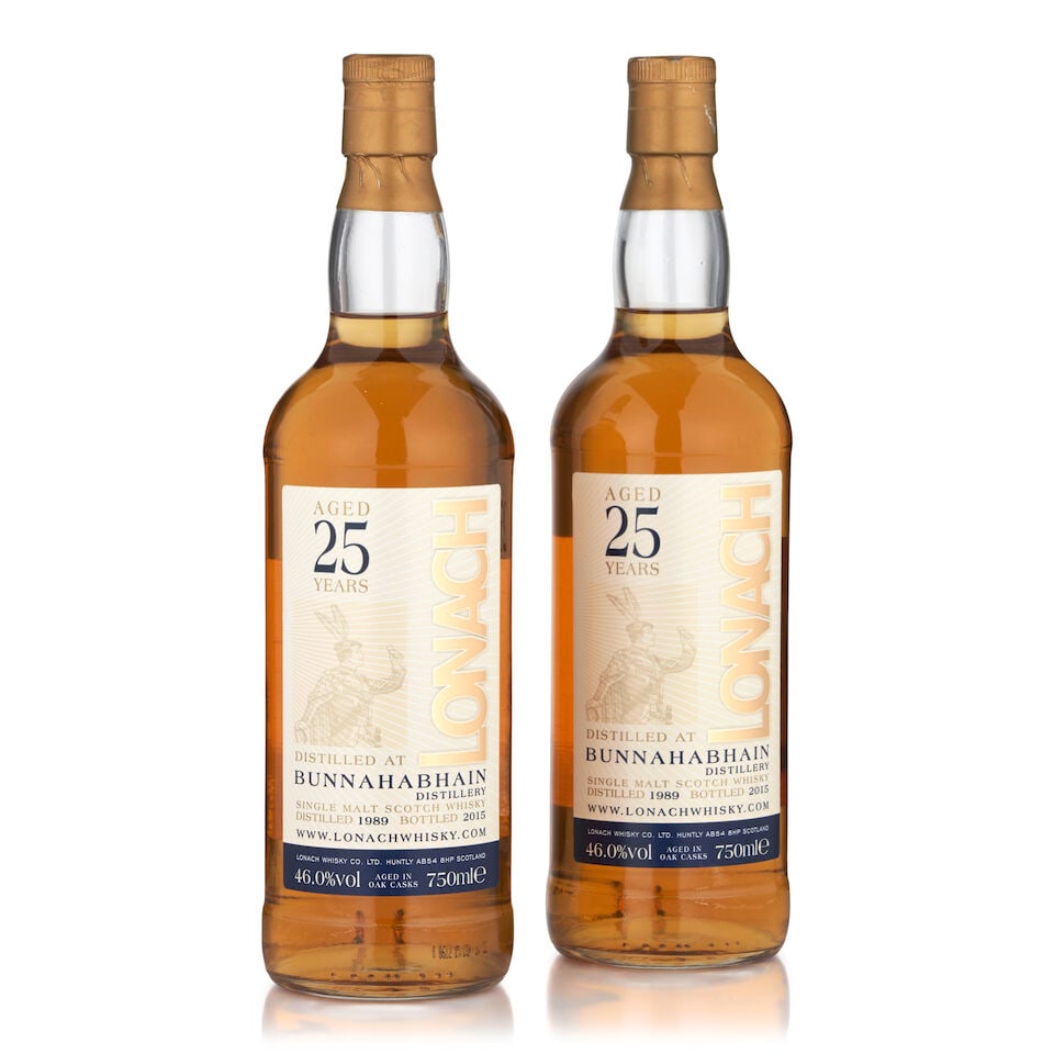 Bunnahabhain Lonach 25 Years Old, 1989 (2 bottles, 750ml): Bunnahabhain Lonach 25 Years Old, 1989 (2 bottles, 750ml) Region: Islay Alcohol content: 46% Notes: Lonach Whiskey Co., distilled 1989, bottled 2015 Footnotes: Single Malt This lot is subject to the f