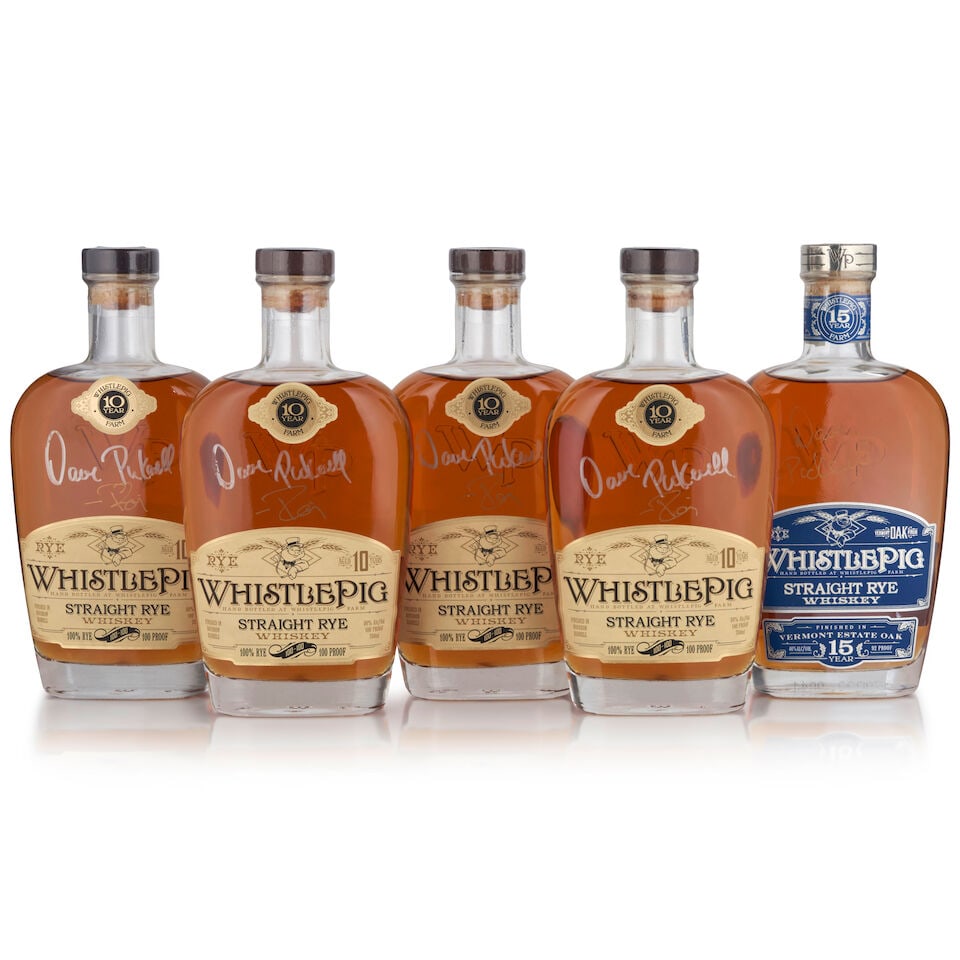 WhistlePig Vermont Estate Oak 15 Years Old (1 bottle, 750ml) WhistlePig 10 Years Old (4 bottles...: WhistlePig Vermont Estate Oak 15 Years Old (1 bottle, 750ml) Region: Vermont Alcohol content: 46% Notes: official bottling, signed by David Pickerell WhistlePig 10 Years Old (4 bottles, 750ml) Region: