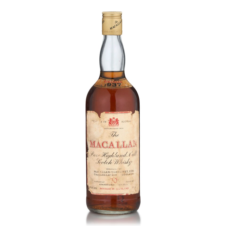 The Macallan Gordon & MacPhail, 1937 (1 bottle, 750ml): The Macallan Gordon & MacPhail, 1937 (1 bottle, 750ml) Region: Speyside Label: faded, stained, torn at edges Alcohol content: 40% Notes: Gordon & MacPhail, distilled 1937 Footnotes: Single Malt Distil