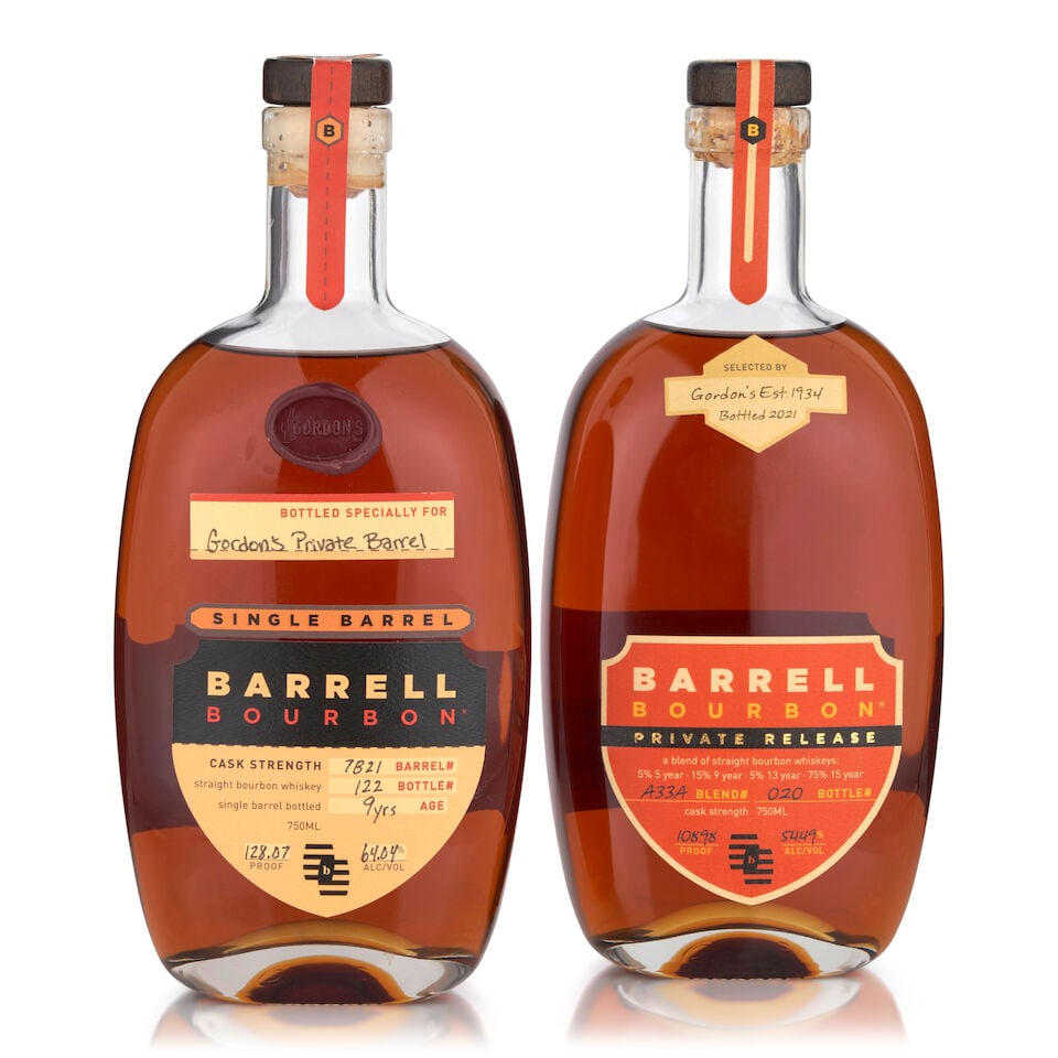 Barrell Bourbon Private Release (1 bottle, 750ml) Barrell Bourbon Single Barrel 9 Years Old (1 ...: Barrell Bourbon Private Release (1 bottle, 750ml) Region: Kentucky Alcohol content: 54.49% Notes: official bottling, selected by Gordon's, bottled 2021, blend no. A33A, bottle no. 20 Barrell Bourbon S