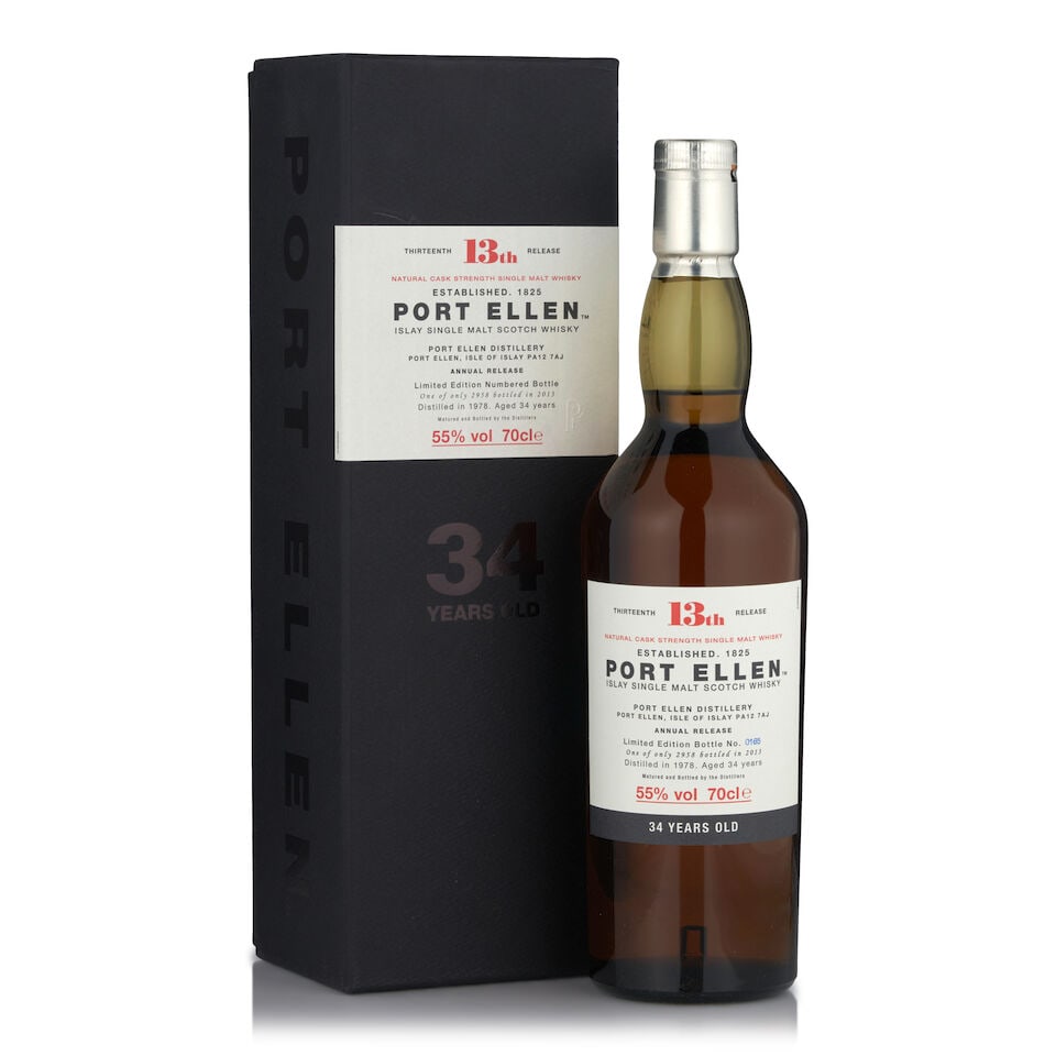 Port Ellen 13th Release 34 Years Old, 1978 (1 bottle, 700ml): Port Ellen 13th Release 34 Years Old, 1978 (1 bottle, 700ml) Region: Islay Packaging: original carton Alcohol content: 55% Notes: official bottling, bottle no. 0165, distilled 1978, one of only 2958 b