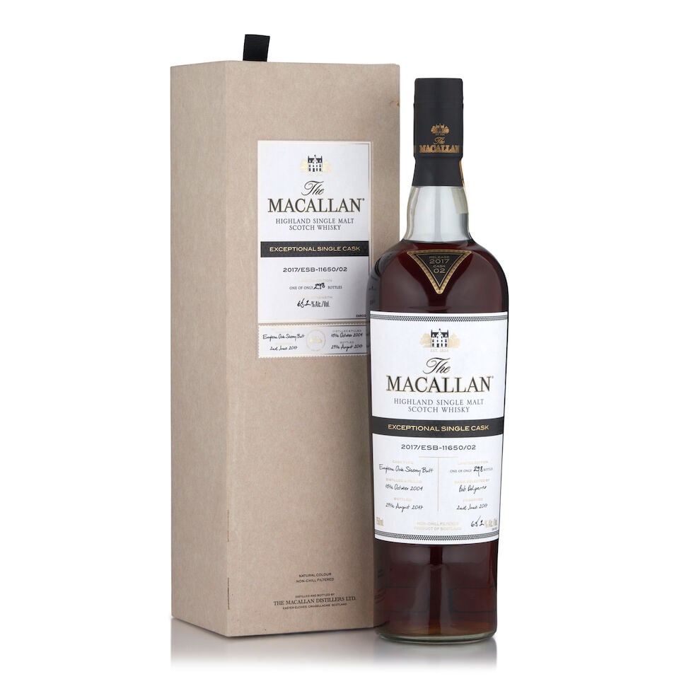 The Macallan Exceptional Single Cask, 2017 (1 bottle, 750ml): The Macallan Exceptional Single Cask, 2017 (1 bottle, 750ml) Region: Speyside Packaging: original carton Alcohol content: 65.2% Notes: official bottling, distilled 10/18/2004, bottled 8/29/2017, one o