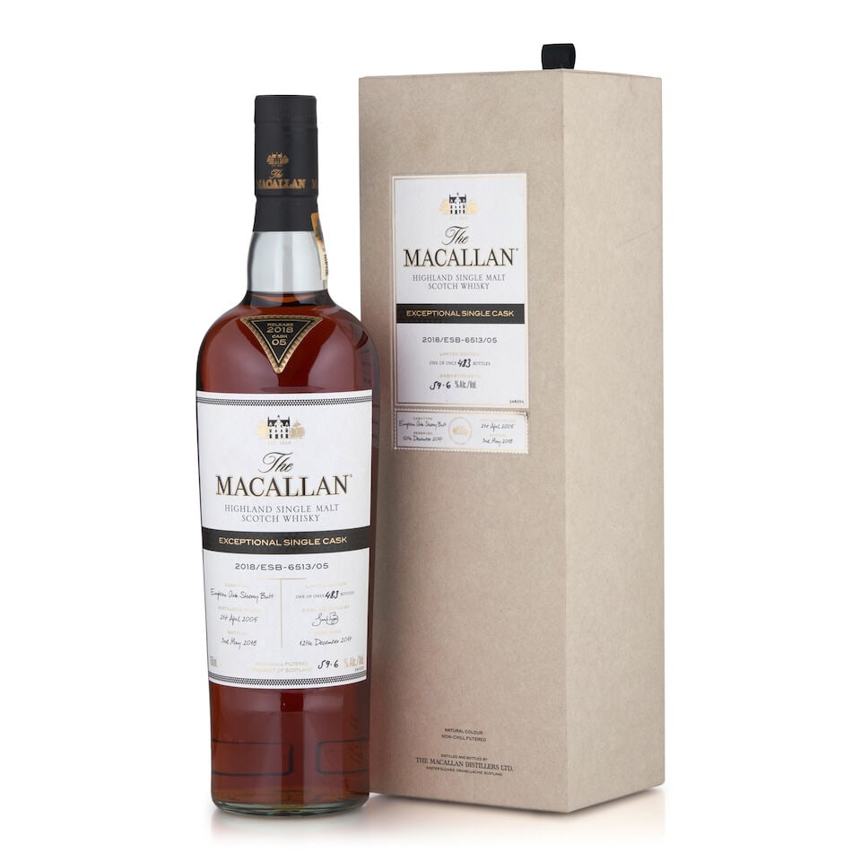 The Macallan Exceptional Single Cask, 2018 (1 bottle, 750ml): The Macallan Exceptional Single Cask, 2018 (1 bottle, 750ml) Region: Speyside Packaging: original carton Alcohol content: 59.6% Notes: official bottling, distilled 04/21/2005, bottled 03/05/2018, one