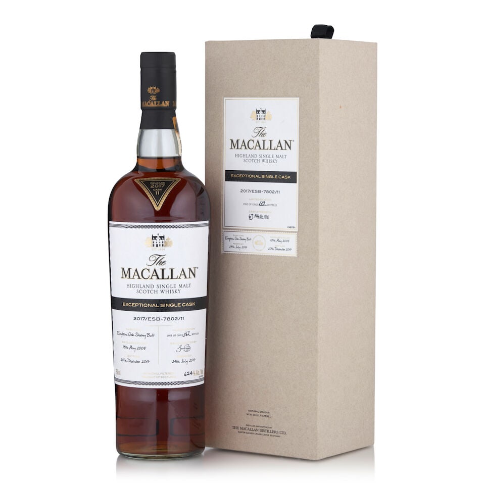 The Macallan Exceptional Single Cask, 2017 (1 bottle, 750ml): The Macallan Exceptional Single Cask, 2017 (1 bottle, 750ml) Region: Speyside Packaging: original carton Alcohol content: 63.4% Notes: official bottling, distilled 5/18/2005, bottled 12/20/2017, one o