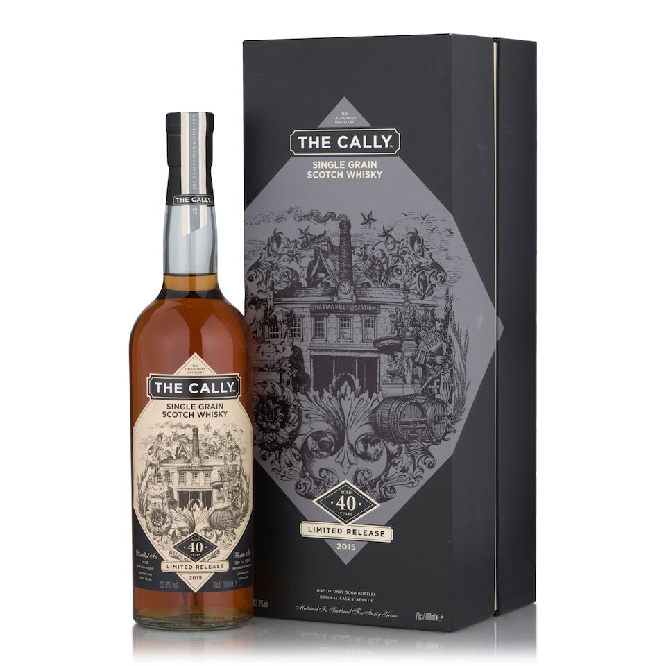 Caledonian The Cally 40 Years Old, 1974 (1 bottle, 700ml): Caledonian The Cally 40 Years Old, 1974 (1 bottle, 700ml) Region: Lowland Packaging: original case Alcohol content: 53.3% Notes: official bottling, distilled 1974, bottle no. 337 of 5060 Footnotes: Si