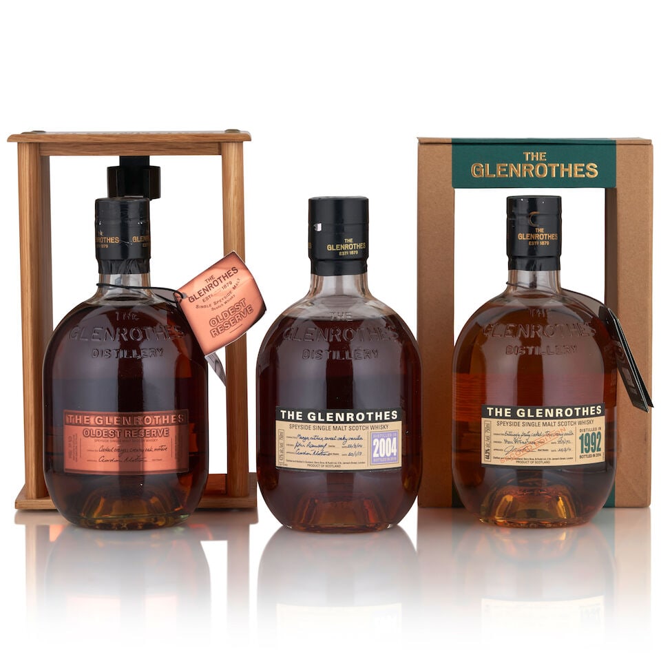 Glenrothes Second Edition, 1992 (1 bottle, 750ml) Glenrothes Oldest Reserve (1 bottle, 750ml) ...: Glenrothes Second Edition, 1992 (1 bottle, 750ml) Region: Speyside Packaging: original carton Alcohol content: 44.3% Notes: official bottling, distilled 1992, bottled 2014 Glenrothes Oldest Reserve (1