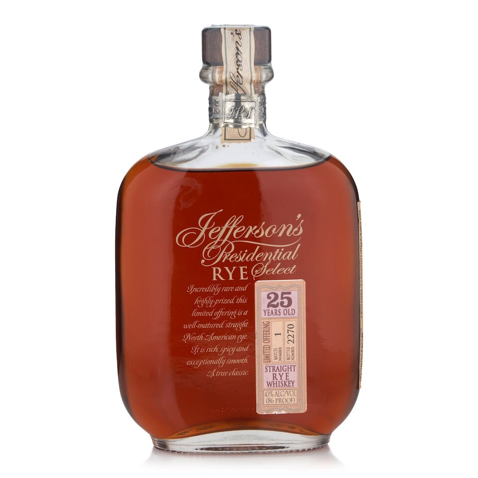 Jefferson's Presidential Select Rye 25 Years Old (1 bottle, 750ml): Jefferson's Presidential Select Rye 25 Years Old (1 bottle, 750ml) Region: Kentucky Alcohol content: 43% Notes: official bottling, batch no. 1, bottle no. 2270 Footnotes: United States, Bourbon This