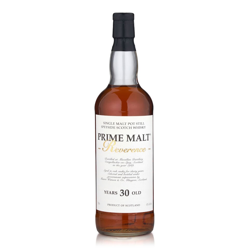 Macallan Prime Malt Reverence 30 Years Old, 1969 (1 bottle, 750ml): Macallan Prime Malt Reverence 30 Years Old, 1969 (1 bottle, 750ml) Region: Speyside Alcohol content: 40% Notes: Munro Watson & Co., distilled 1969 Footnotes: Single Malt This lot is subject to the fol