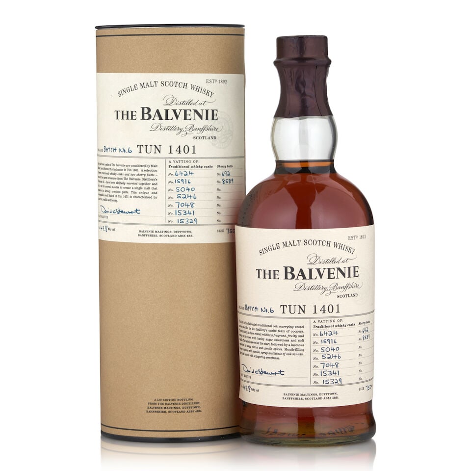 The Balvenie Tun 1401 Batch No. 6 (1 bottle, 750ml): The Balvenie Tun 1401 Batch No. 6 (1 bottle, 750ml) Region: Dufftown Packaging: original tube Alcohol content: 49.8% Notes: offical bottling Footnotes: Single Malt This lot is subject to the following
