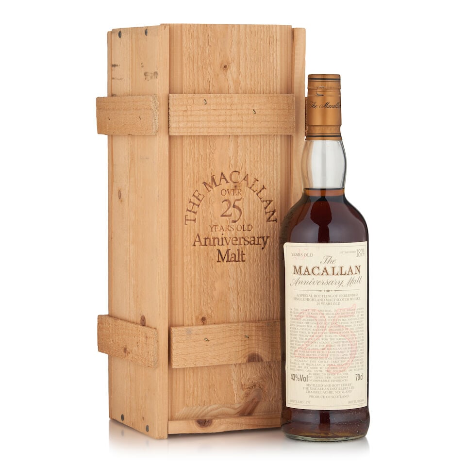 The Macallan Anniversary Malt 25 Years Old, 1975 (1 bottle, 700ml): The Macallan Anniversary Malt 25 Years Old, 1975 (1 bottle, 700ml) Region: Speyside Packaging: original wooden case Alcohol content: 43% Notes: official bottling, distilled 1975, bottled 2000 Footnote