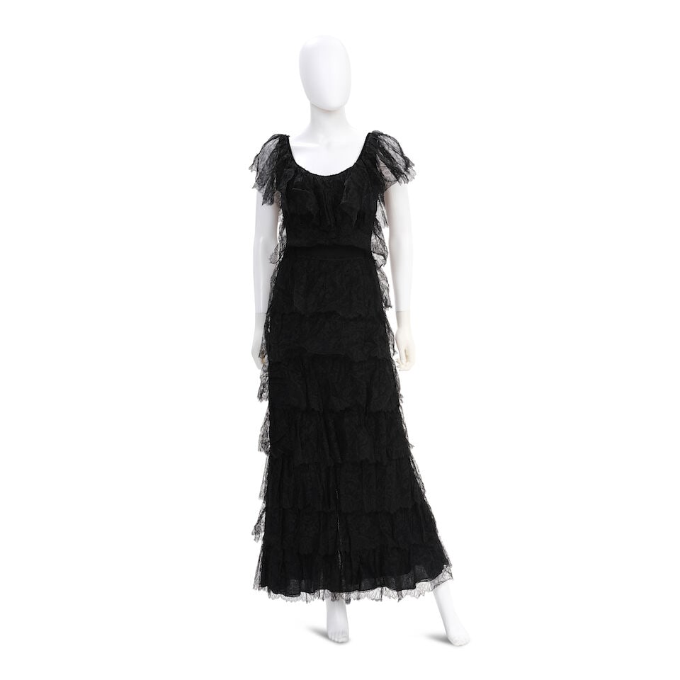 STAVROPOULOS: TIERED LACE RUFFLE EVENING DRESS WITH VELVET PIPING (1 of 1)