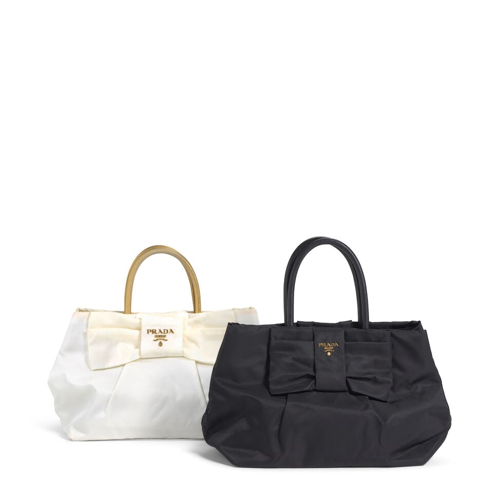 PRADA: A GROUP OF TWO TESSUTO FLOCCO BOW HANDLE BAGS (1 of 2)