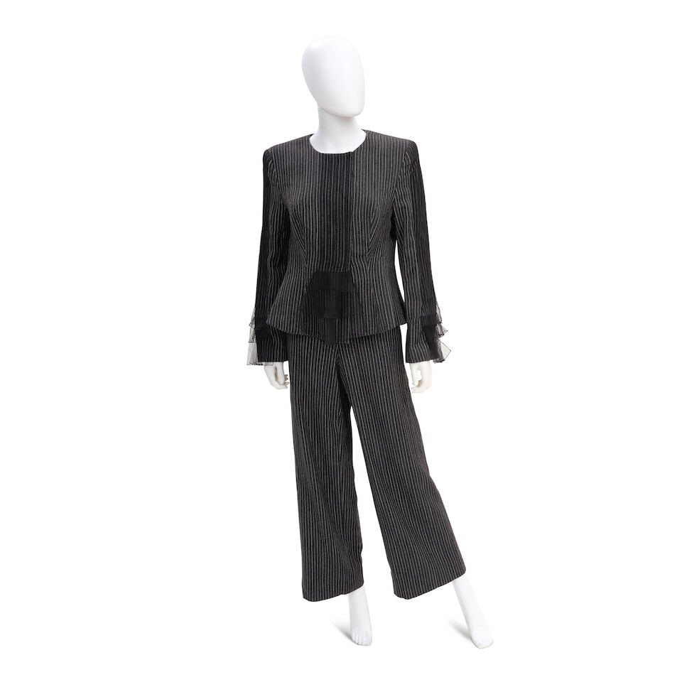 GIORGIO ARMANI: GRAY PINSTRIPE SUIT WITH CHIFFON RUFFLE DETAIL - 2
