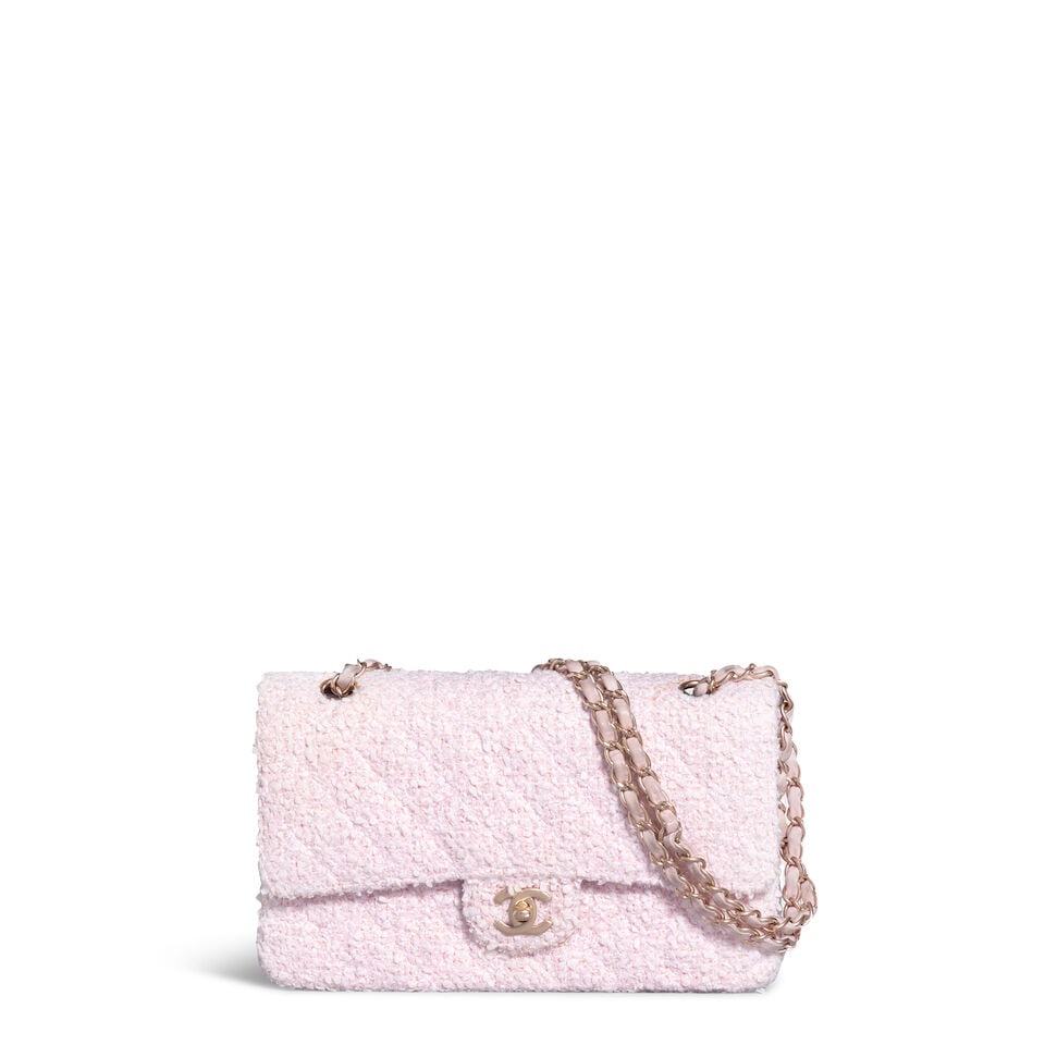 CHANEL: PINK TWEED MEDIUM DOUBLE FLAP BAG 2003-2004: CHANEL: PINK TWEED MEDIUM DOUBLE FLAP BAG 2003-2004 • Pink Tweed Quilted Leather • Gold Tone Hardware • Leather and Chain Shoulder Strap • Exterior Patch Pocket • CC Turn