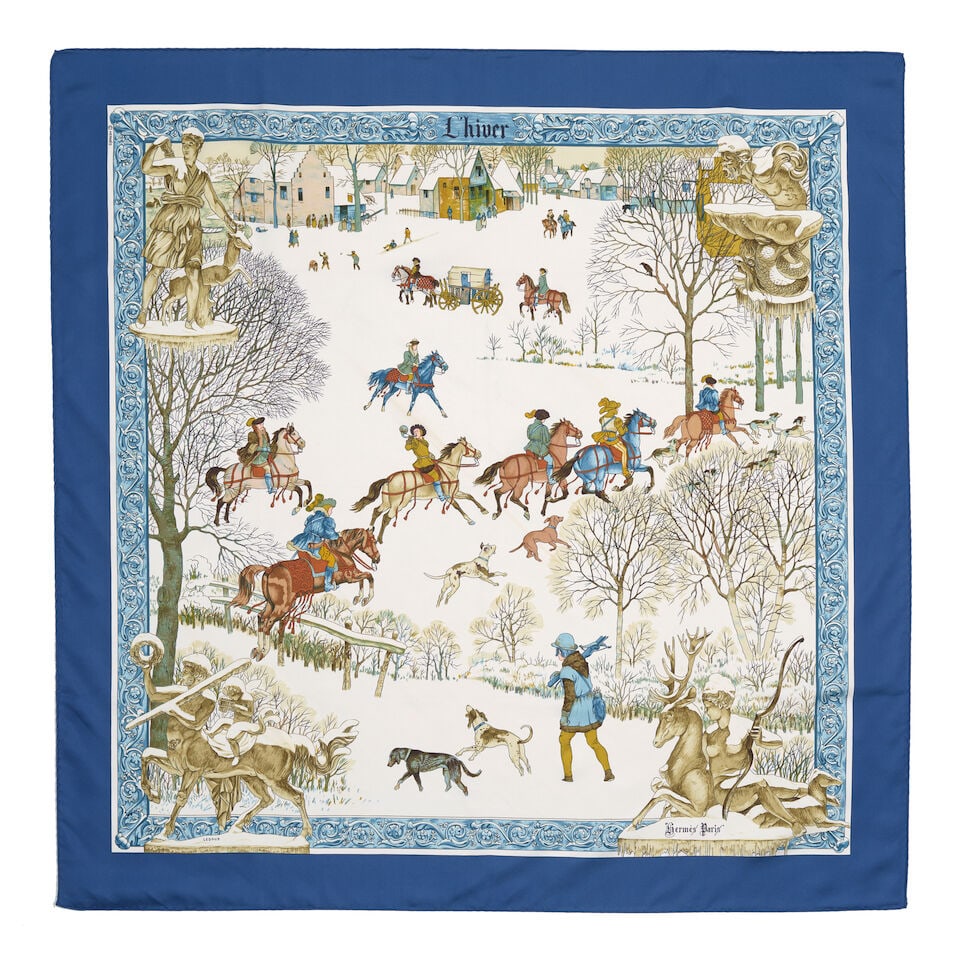 HERMÈS: L'HIVER SILK SCARF 90cm: HERMÈS: L'HIVER SILK SCARF 90cm • Box Included OVERALL CONDITION: Very Good | Minimal signs of wear. The Condition Report represents Bonhams' reasonable opinion as to the Lot's general cond