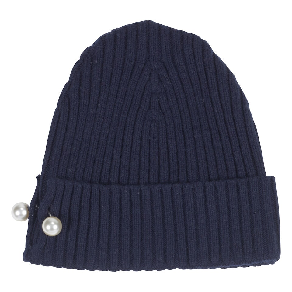 CHANEL: NAVY RIB BEANIE WITH PEARL CHARM DETAIL FALL 2003 (1 of 2)