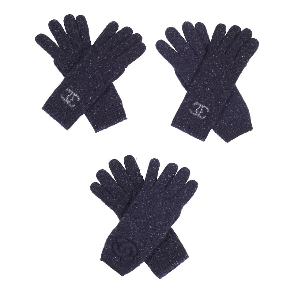 CHANEL: A GROUP OF NAVY LUREX CASHMERE GLOVES: CHANEL: A GROUP OF NAVY LUREX CASHMERE GLOVES • Includes Three Pairs • No Size Marked | Fits Like a Small OVERALL CONDITION: Good | Signs of wear throughout. The Condition Report represent