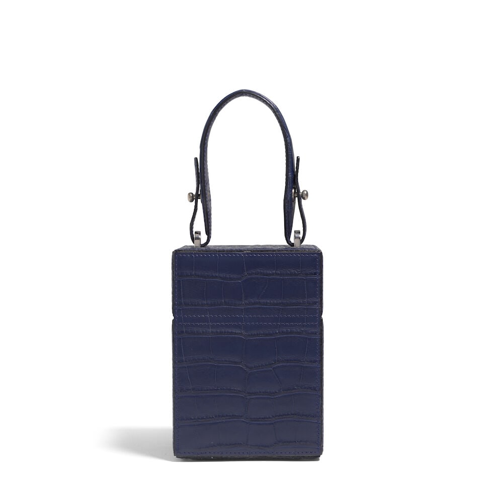 OSCAR DE LA RENTA: NAVY EMBOSSED LEATHER ALIBI TOP HANDLE BAG - 2