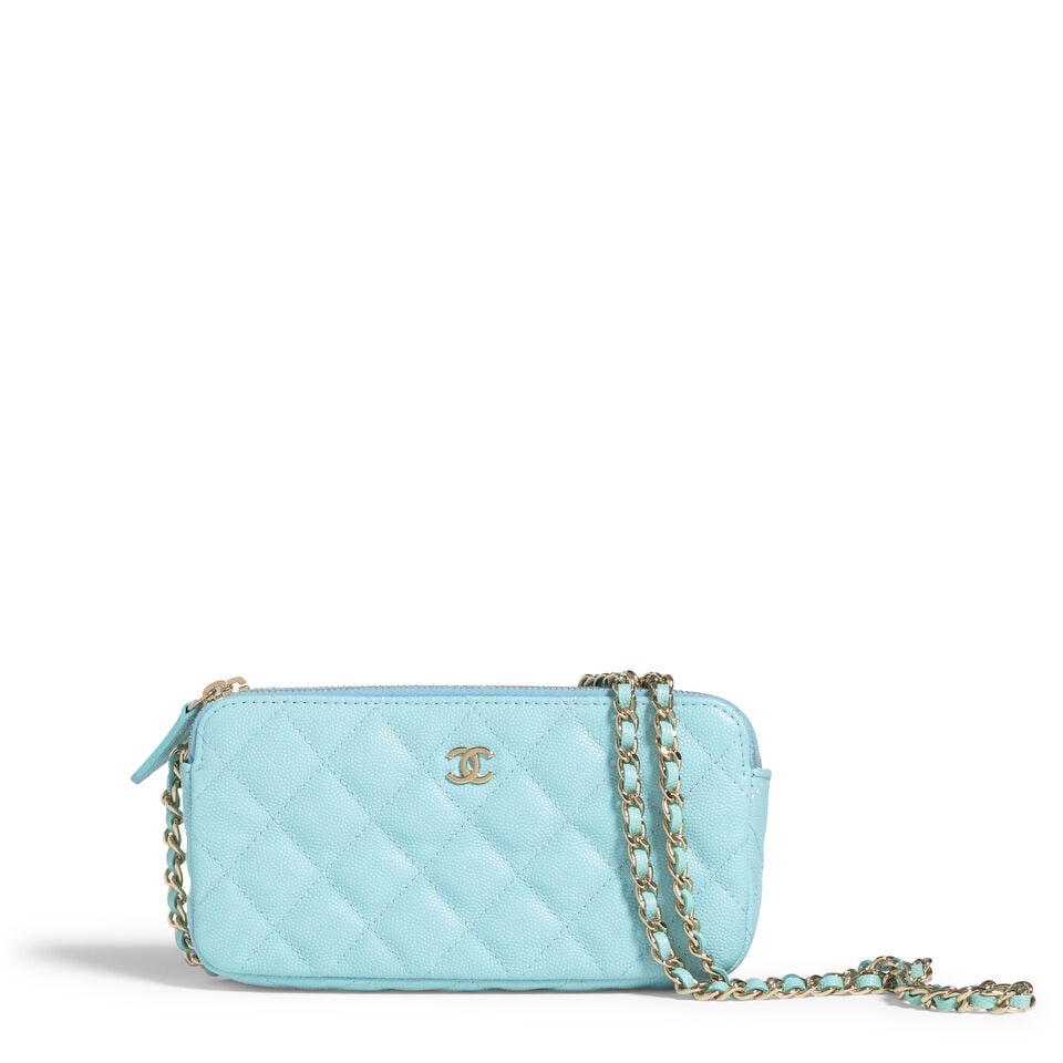 CHANEL: LIGHT BLUE CAVIAR DOUBLE ZIP WALLET ON CHAIN 2018-2019: CHANEL: LIGHT BLUE CAVIAR DOUBLE ZIP WALLET ON CHAIN 2018-2019 • Measures 17.5 cm x 9 cm x 3 cm | Drop: 60 cm • Light Gold Hardware OVERALL CONDITION: Very Good | Light signs of wear throu