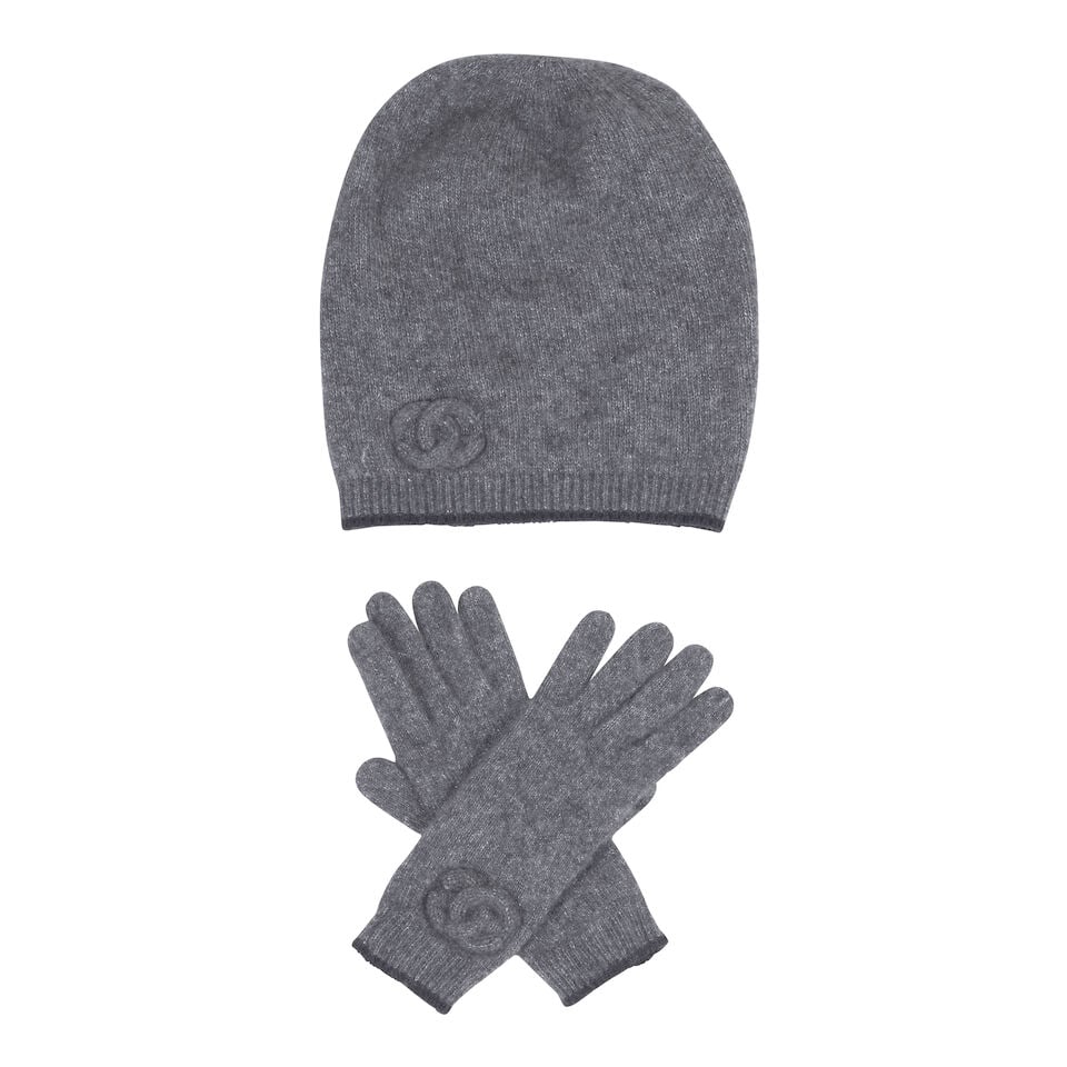 CHANEL: SET OF DARK GREY CASHMERE LUREX KNIT ACCESSORIES WITH CC DETAIL (1 of 1)