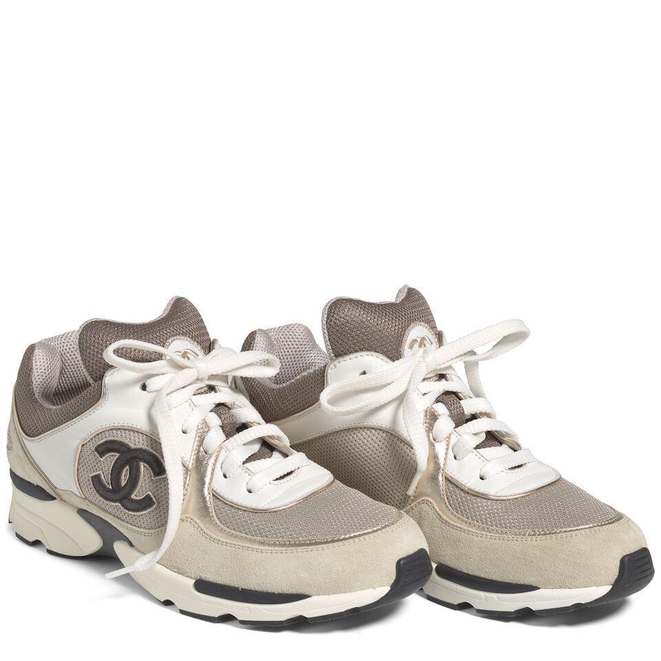 CHANEL: GREY AND WHITE LOGO SNEAKERS (1 of 1)